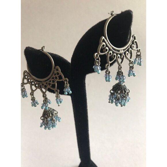 Vintage Circle Heart Mini Blue Beads Pierced Wire Chandelier Dangle Earrings - Picture 2 of 8